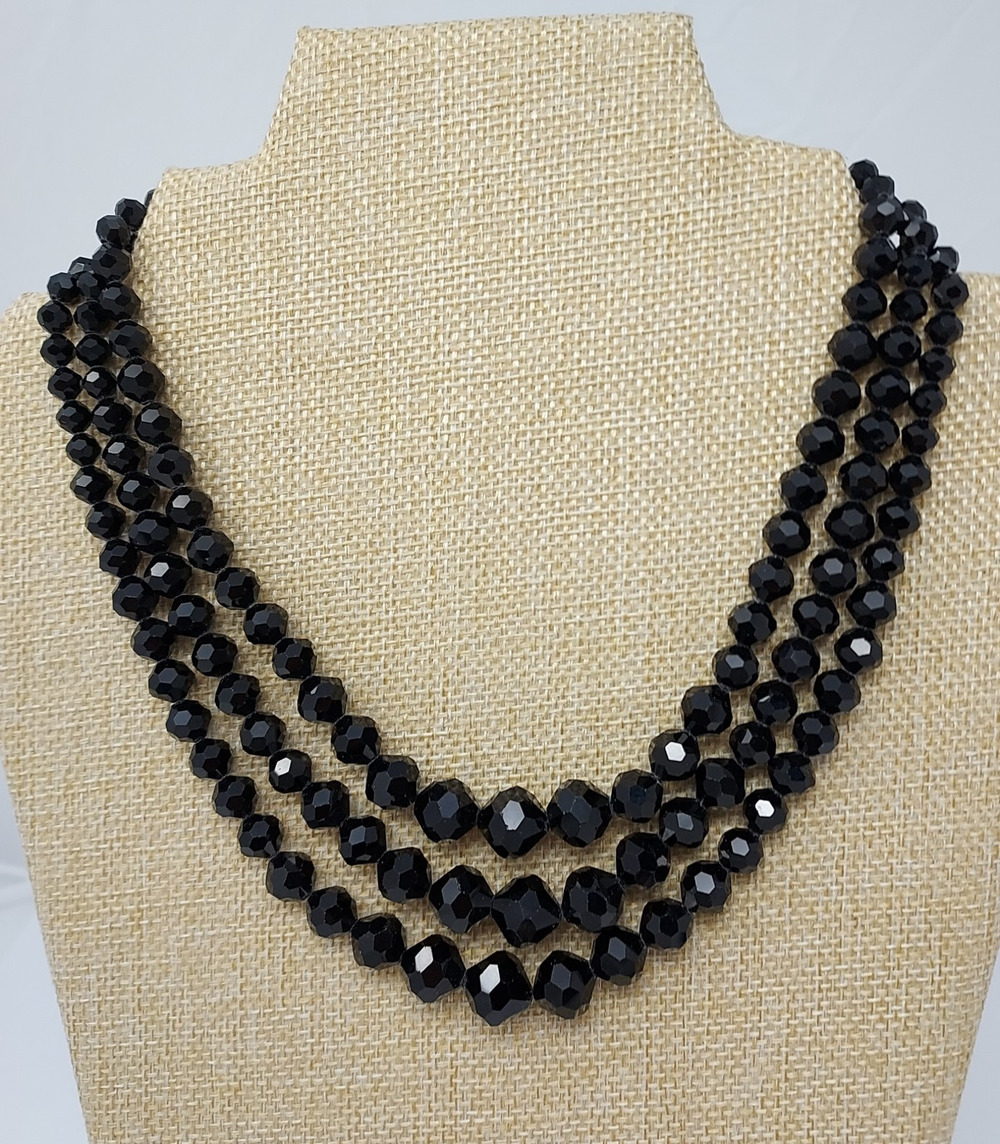 Vintage Laguna 3 Strand Austrian Crystal Faceted Black Beads 15-18" Signed